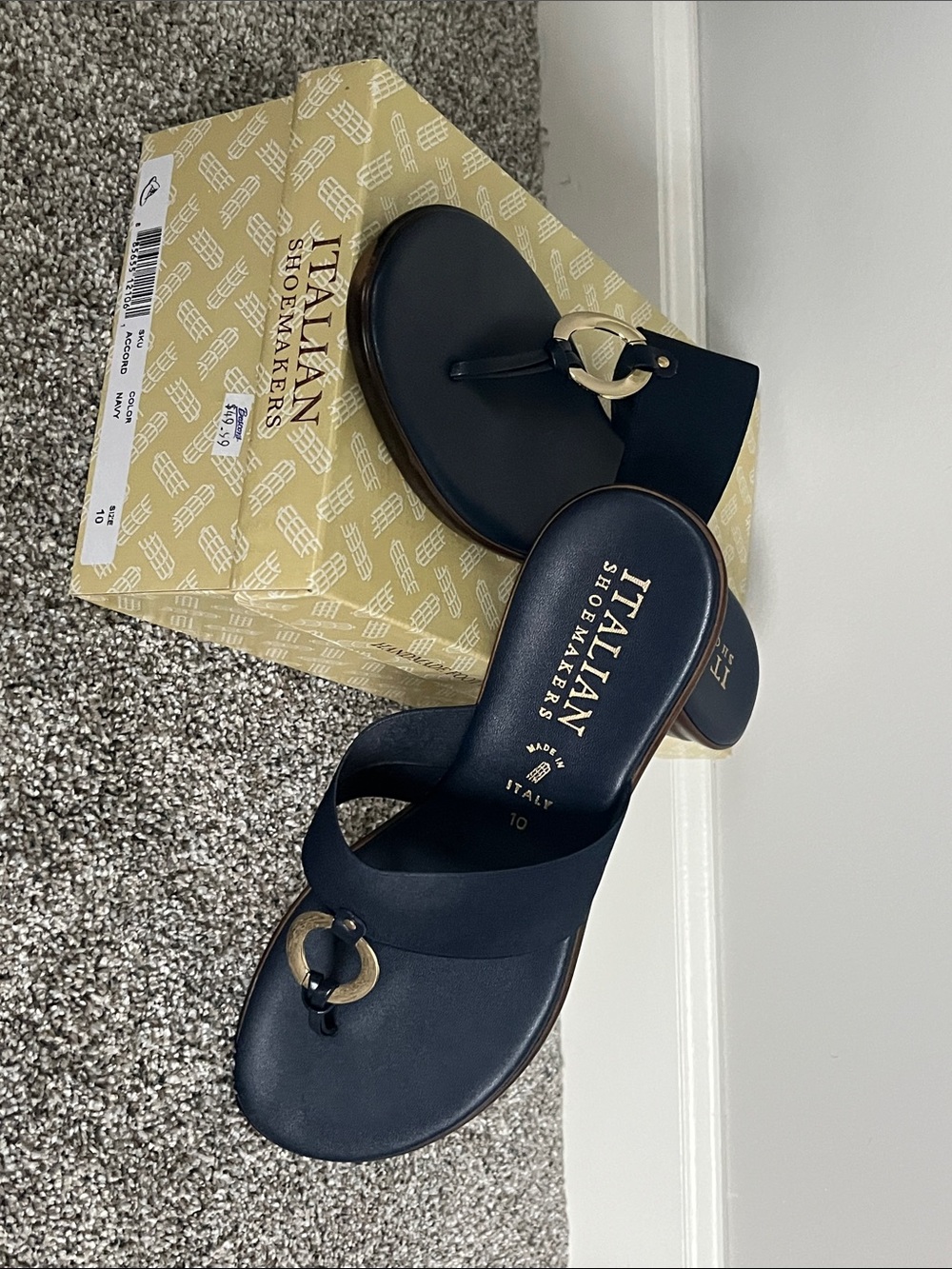 Italian Shoemakers Navy Slide Sandals with Gold Ring Detail